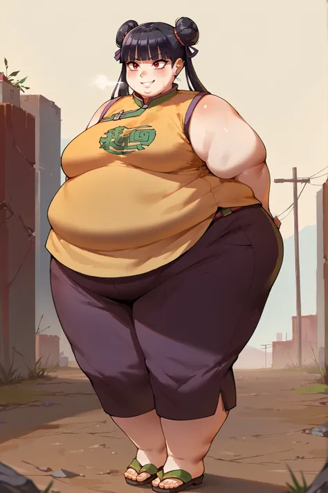 score_9, score_8_up, score_7_up, score_6_up, score_5_up, score_4_up, BREAK, source_anime,
1girl, black hair, blunt bangs, double bun, long hair, red eyes, twin tails, breasts
purple cheongsam, sandals, SSBBW, fat, 500 lbs.,
hands behind back, smile, full b...