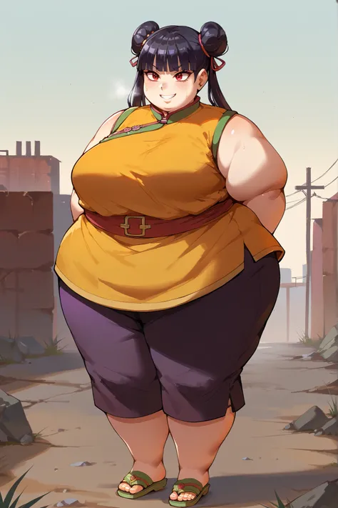 score_9, score_8_up, score_7_up, score_6_up, score_5_up, score_4_up, BREAK, source_anime,
1girl, black hair, blunt bangs, double bun, long hair, red eyes, twin tails, breasts
purple cheongsam, sandals, SSBBW, fat, 500 lbs.,
hands behind back, smile, full b...