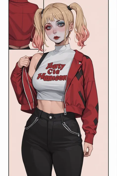 1 girl, Harley Quinn, short blonde hair, pink and blue gradient, bangs, blank eyes, blush lines, pale skin, voluptuous, black cropped shirt, red bare shoulders jacket, black pants, DC, simple background, hentai comic, frames, multiple views, multiple frame...