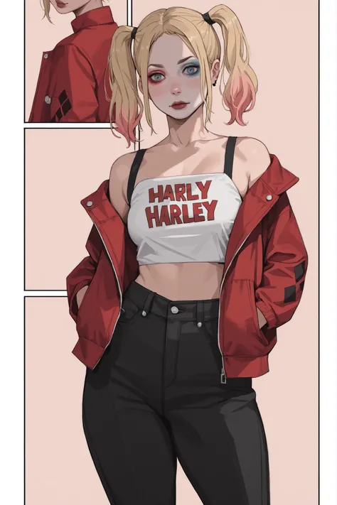 1 girl, Harley Quinn, short blonde hair, pink and blue gradient, bangs, blank eyes, blush lines, pale skin, voluptuous, black cropped shirt, red bare shoulders jacket, black pants, DC, simple background, hentai comic, frames, multiple views, multiple frame...