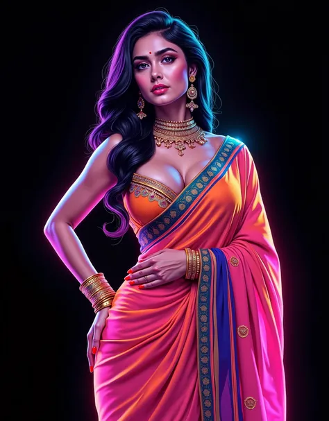 {{Indian Woman}}, {{Colourful Full saree}}, {{breast covered with scarf}}, {{SFW}}, illustration, {{2d digital vector art}}, {{Big breast, big cleavage }}, plain black background, {{Neon lights}}, {{cool, sexy}}
