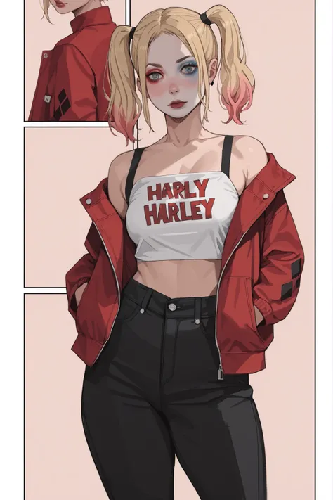 1 girl, Harley Quinn, short blonde hair, pink and blue gradient, bangs, blank eyes, blush lines, pale skin, voluptuous, black cropped shirt, red bare shoulders jacket, black pants, DC, simple background, hentai comic, frames, multiple views, multiple frame...