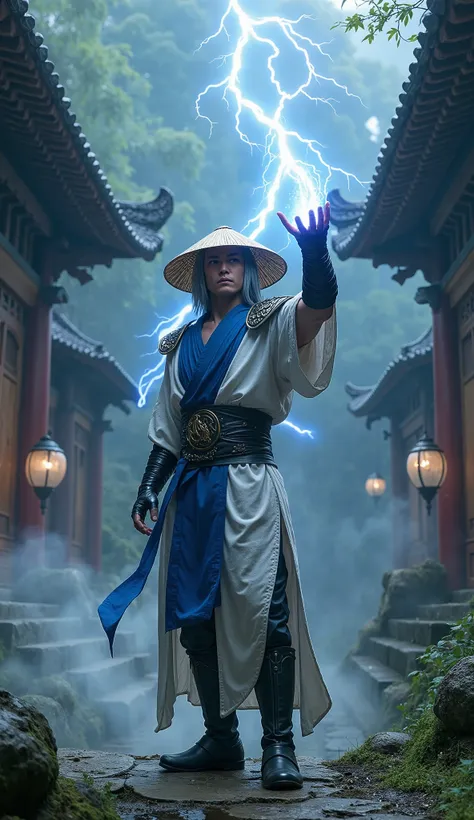 A hyper-realistic 4K image of Raiden from Mortal Kombat standing in an ancient temple hidden deep in a misty forest, infused with a strong oriental aesthetic. He wears his iconic outfit: a white and blue tunic with metallic shoulder guards, dark gauntlets ...