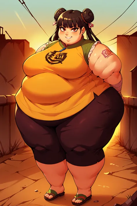 score_9, score_8_up, score_7_up, score_6_up, score_5_up, score_4_up, BREAK, source_anime,
1girl, black hair, blunt bangs, double bun, long hair, red eyes, twin tails, breasts
purple cheongsam, sandals, SSBBW, fat, 500 lbs.,
hands behind back, smile, full b...