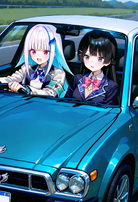 748cmstyle。2 women。Tsukino Mito (Nijisanji)。blazer uniform。Get in the car。Lize Helesta。white shirt, white jacket, long sleeves, armband。2 seater。Front of a car。Driving。Lize Helesta handle。long hair