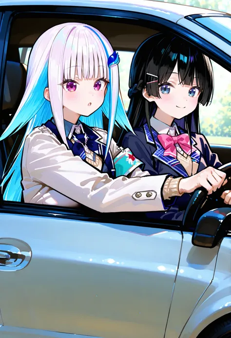 748cmstyle。2 women。Tsukino Mito (Nijisanji)。blazer uniform。Get in the car。Lize Helesta。Driving。white shirt, white jacket, long sleeves, armband。2 seater。long hair