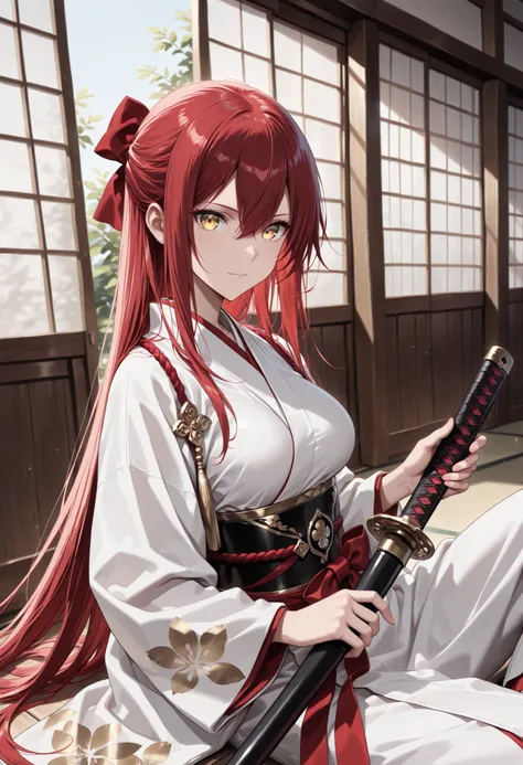 1 girl , golden eyes , very long hair , long sidelocks, red hair ,half updo, petite , very cute , beautiful ,Straight hair, cool, handsome, hair between eyes, sexy, ((medium large breast))
((japanese clothes)), samurai, katana, holding katana, sitting, loo...