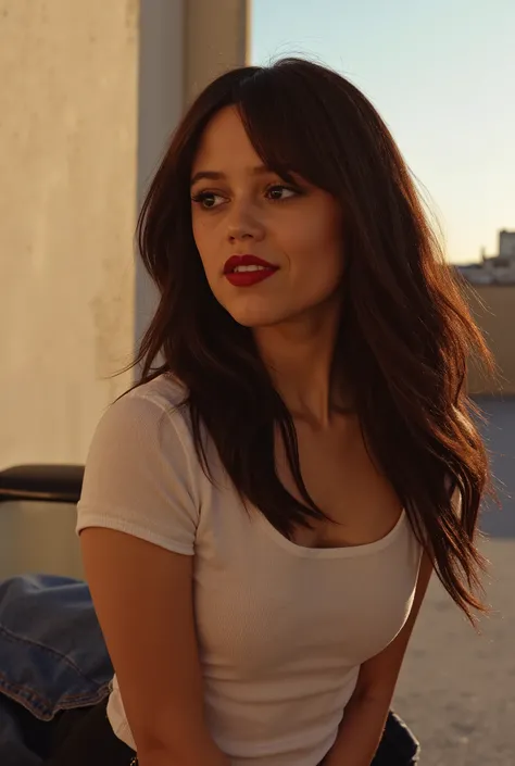 ((Jenna Ortega, big breasts:1.5)), A high-resolution photo of kodak style with subtle impressionistic undertones, featuring refined, elegant brushstrokes and a warm, sensual atmosphere. A woman leans forward, her face inches from the camera, as she smiles ...