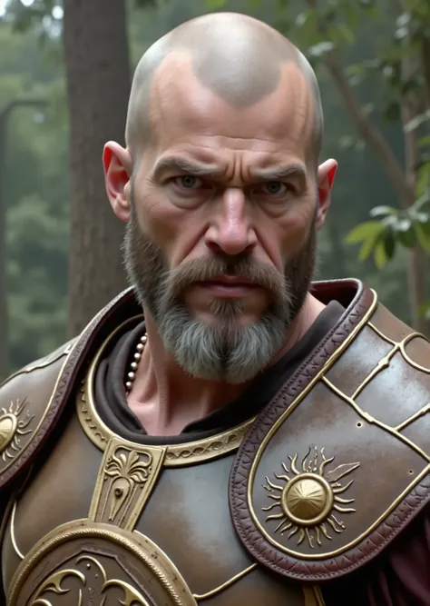 por favor, draw for me a 55-year-old bald warrior, Nordic, detailed facial features, muscular neck and shoulders, angry expression, gray hair, wearing light leather armor, ornate breastplate, in a rainforest setting, (Best Quality,8k,high resolution,obra-p...
