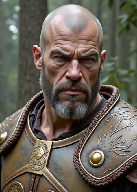 por favor, draw for me a 55-year-old bald warrior, Nordic, detailed facial features, muscular neck and shoulders, angry expression, gray hair, wearing light leather armor, ornate breastplate, in a rainforest setting, (Best Quality,8k,high resolution,obra-p...