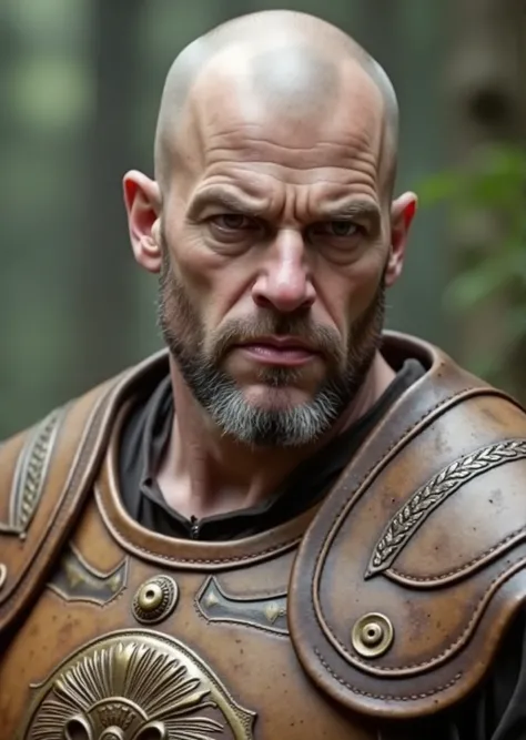 por favor, draw for me a 55-year-old bald warrior, Nordic, detailed facial features, muscular neck and shoulders, angry expression, gray hair, wearing light leather armor, ornate breastplate, in a rainforest setting, (Best Quality,8k,high resolution,obra-p...