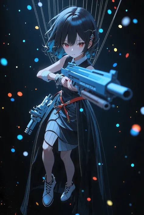 cyber punk, Cyborg manipulated with a thread holds a gun and shooting posture, solo, The lines of optical lines hanging from above are connected indirectly to the body, optical communication expressed by ultra-fine, clean, luminous lines, Get strong inspir...