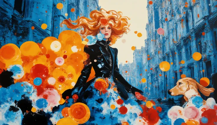 fashion illustration, illustration, fantasia surreal, Beautiful girl with long wavy hair walks with her basset dog using casual clothes in historic London, color palette Maximum Blue, Battery Charged Blue, Orange Soda, Burnt Umber, Indian Red, morning,...