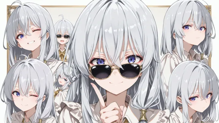 (masterpiece, top quality, completely completed:1.4),collage art、Elaina from majo no tabi tabi with silver hair、beautiful girl、upper body、Blouse、sunglasses、Show your eyes through the gaps、various expressions、9 divided、wink