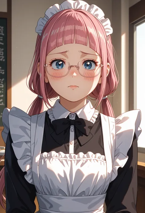 score_9, score_8_up, score_7_up, solo source_anime, makeruyadano, makeru yadano, long hair, bangs, ponytail, pink hair, twintails, blunt bangs, blue eyes, glasses, traditonal maid outfit, serving in a maid cafe, shy, blush, looking at viewer, cowboy shot, ...