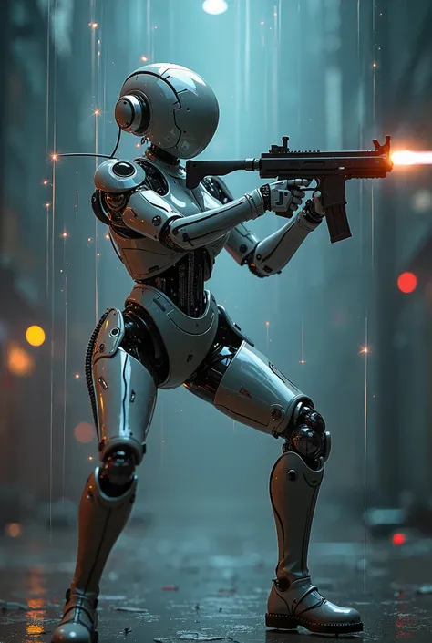 cyber punk, Cyborg manipulated with a thread holds a gun and shooting posture, solo, The lines of optical lines hanging from above are connected indirectly to the body, optical communication expressed by ultra-fine, clean, luminous lines, Get strong inspir...