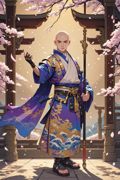 (((masterpiece))), (((best quality))), ((ultra-detailed)), ((male)), (Chinese monk), (shaved head), (muscles), (kung-fu), (spear), (training), (temple)