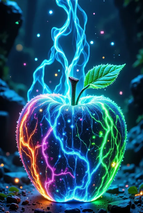 gorgeous, fantasy style, Fantasy, magic, a beautiful galaxy-colored apple, the apple cover is ajar shifted, The apple's nutria has a red and green liquid that harmoniously comes into contact but does not mix, On the apple's brush itself, a green leaf cover...
