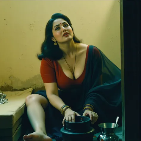(Centered composition, cinematic lighting, intimate rural setting) — A high-resolution, ultra-detailed painting in the evocative style of Manimala. The scene features a voluptuous Indian woman in her late 30s to early 40s, exuding rustic charm and sensual ...