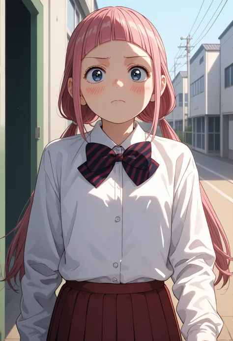 score_9, score_8_up, score_7_up, solo source_anime, makeruyadano, makeru yadano, long hair, bangs, ponytail, pink hair, twintails, blunt bangs, blue eyes, skirt, shirt, long sleeves, bow, school uniform, white shirt, pleated skirt, striped, collared shirt,...