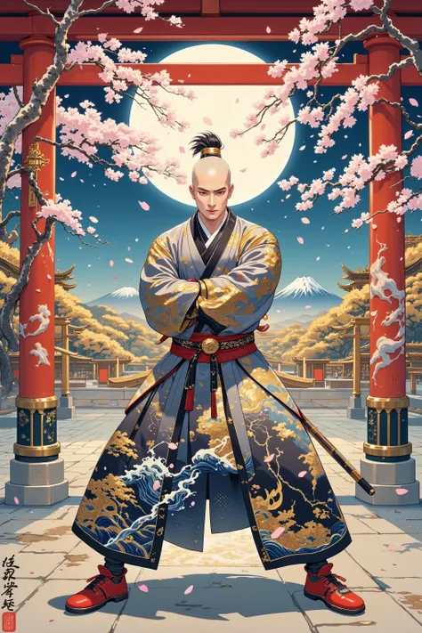 (((masterpiece))), (((best quality))), ((ultra-detailed)), ((male)), (Chinese monk), (shaved head), (muscles), (kung-fu), (spear), (training), (temple)