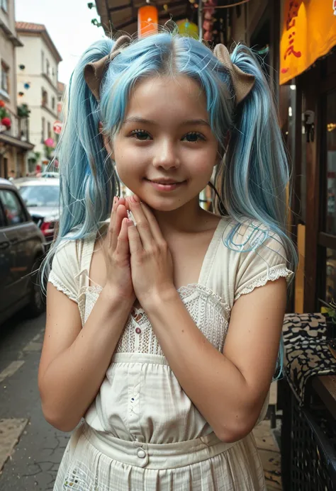 HYPER REALISTIC, 8K, perfect detailed face, perfect hands, a cute young girl, long light blue hair ponytails brown roots, tiny figure, in a street with flowera