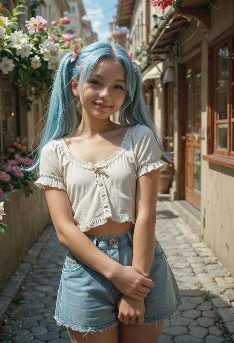 HYPER REALISTIC, 8K, perfect detailed face, perfect hands, a cute young girl, long light blue hair ponytails brown roots, tiny figure, in a street with flowers, sited 