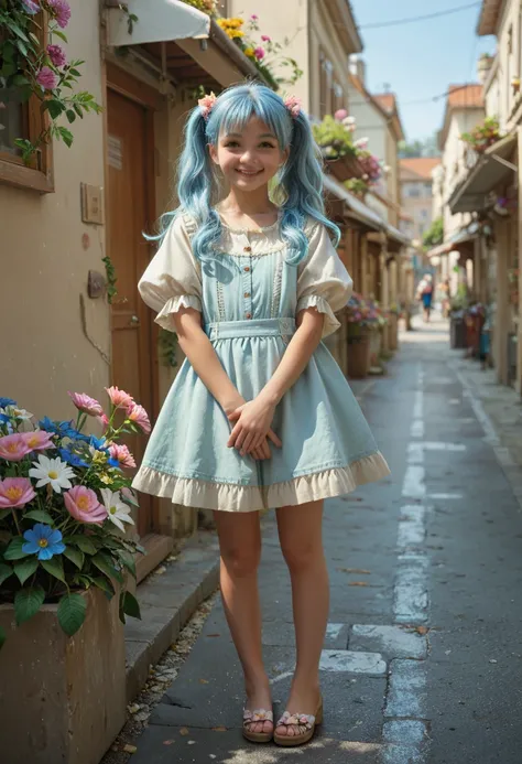 HYPER REALISTIC, 8K, perfect detailed face, perfect hands, a cute young girl, long light blue hair ponytails brown roots, tiny figure, in a street with flowers, sited full body