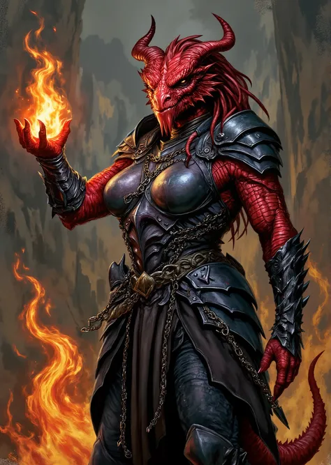 An extremely detailed comic book illustration of an extremely curvaceous Chromatic Red Dragonborn from Dungeons and Dragons which look like wingless bipedal dragons scaly bright-eyed and thick-boned with horns on their heads with a red coloration cursed as...