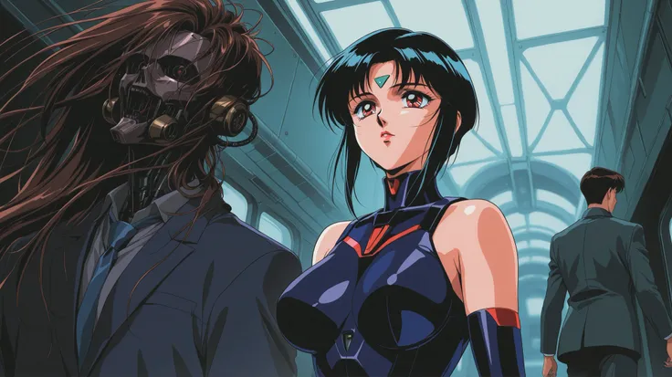 beautiful woman woman mechanical of future cybernetic horror retrowave 90s