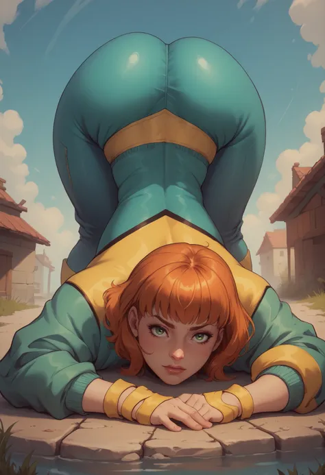 jeangreymarvelnow
1girl, short hair, orange hair, medium breasts
bodysuit,
gloves, yellow footwear, jacket, green eyes, Small saggy breast, huge hips., an impatient expression on his face, choker. looking at the viewer, shirt. jeans. river. bottom view. fa...