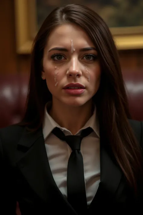 Beautiful young secretary dressed up profesionally, kneeling in front of the viewer, she gazes up at the penis with fear and shame, luxury office background, detailed facial features, photorealistic, dramatic lighting, high quality, 8k, hyper detailed, mas...