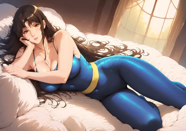   Hitomi Kisugi hair, black long hair, bangs, small bangs turned to the side, brown eyes, tight clothes, blue tights, long yellow belt, detailed image, detailed face, detailed body, looks at the viewer, Darling. 