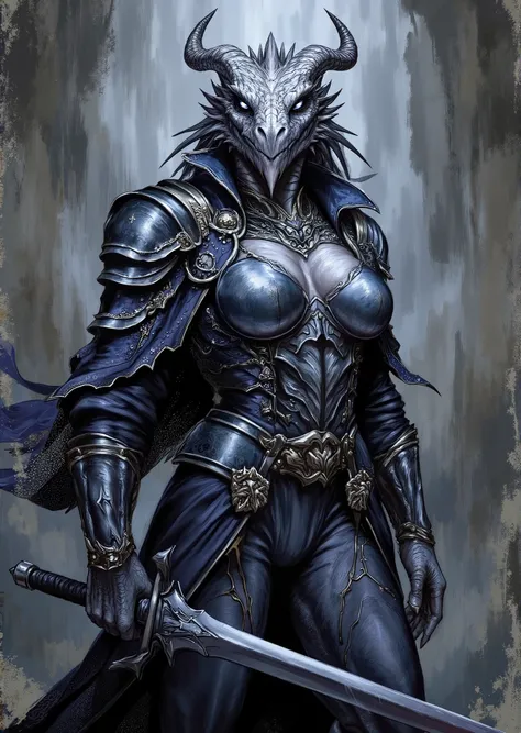 An extremely detailed comic book illustration of an extremely curvaceous Metallic Silver Dragonborn from Dungeons and Dragons which look like wingless bipedal dragons scaly bright-eyed and thick-boned with horns on their heads with a silver coloration trai...