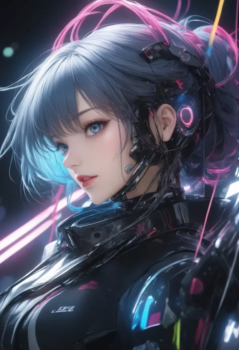 cyber punk, Cyborg manipulated with a thread holds a gun and shooting posture, solo, The lines of optical lines hanging from above are connected indirectly to the body, optical communication expressed by ultra-fine, clean, luminous lines, Get strong inspir...