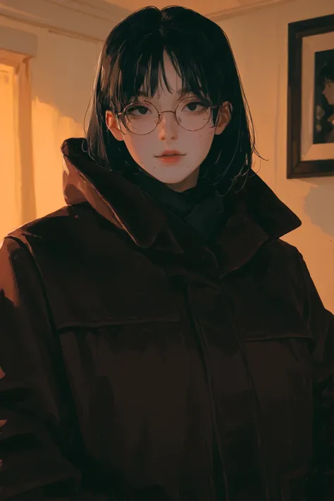 Half upper body portrait, looking at viewer, solo, 1 girl, short black hair, black eyes, round glasses, mole under the corner of mouth. Wear winter clothes. Indoor background. Pose for photo. Dynamic warm lighting, anime-style,dramatic shadows.