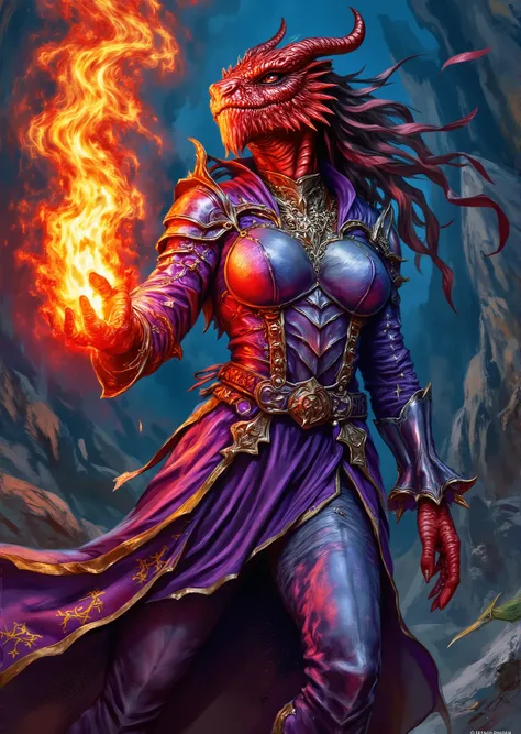 An extremely detailed comic book illustration of an extremely curvaceous Chromatic Red Dragonborn from Dungeons and Dragons which look like wingless bipedal dragons scaly bright-eyed and thick-boned with horns on their heads with red coloration trained as ...