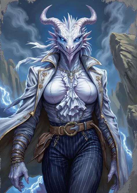 An extremely detailed comic book illustration of an extremely curvaceous Chromatic White Dragonborn from Dungeons and Dragons which look like wingless bipedal dragons scaly bright-eyed and thick-boned with horns on their heads with a white coloration train...