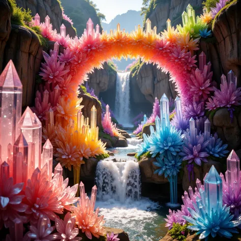 a close up of a waterfall with a waterfall and a waterfall surrounded by colorful crystals, magic crystal bridge colorfully, intricate rainbow environment, colorful crystals, colourful 3 d crystals, colourful 3 d crystals and gems, colourful 3d crystals an...