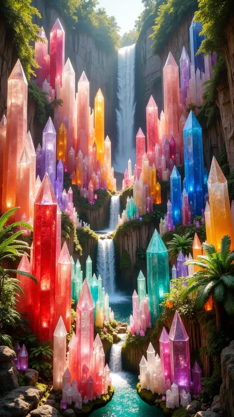 . A cliff that is 300 feet tall made up of gigantic quartz crystal points that are multicolored translucent pillars in a tropical rainforest. In the middle of these skyscraper sized quartz crystals is an incredible gushing cascading waterfall that pours do...