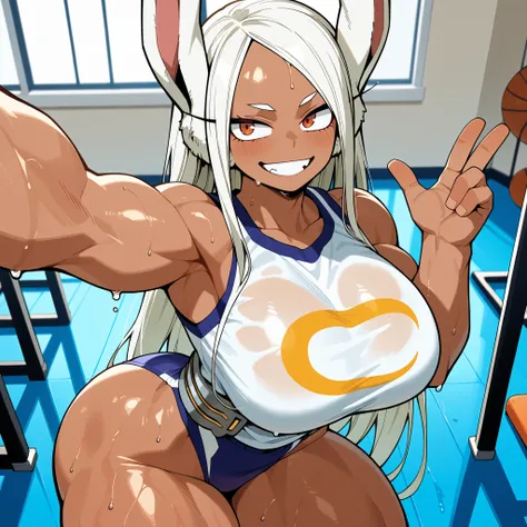 Mirko, long hair, big huge bobbies, thick thighs , in the gym, sexy smile , upper view, one hand selfie, wet, side view