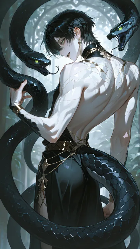 8k, 아름다운 Perfect Eyes,semi-realism art, semi-realism art style, masterpiece, top quality, amazing quality, Exquisite Details, very detailed, masterpiece, man, male, masculine, attractive male demihuman of the snake race, with pale, white skin, a very tall,...