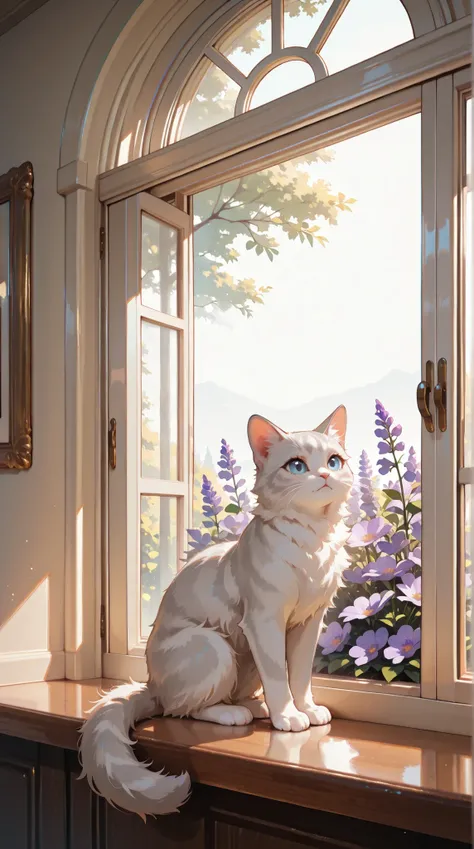 A fluffy, light gray and white cat with large blue eyes, sits in a sun-drenched window seat framed by pastel purple flowers, exuding a soft, dreamy aesthetic with a painterly, detailed style.