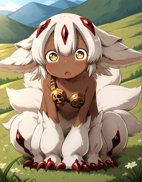 faputa, dark-skinned female, white hair, extra arms, white fur, multiple tails, claws, metal_bra, mtlb1a, 1girl, dark skin, dark-skinned girl, white hair, short hair, 4arms, red claws, multiple tails, yellow eyes, white fur, animal ears, metal bra, on all ...