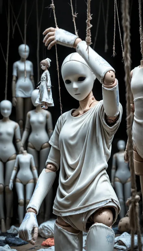 depth of field, high definition image,a lot of details, Puppet,tied threads,Hanging threads,Doll,Mannequin joints,perfect face,empty eyes,Rag Clothes,non-humans,giant hand ,empty room,puppet,raised arm,static posture,stiff body,line drawing