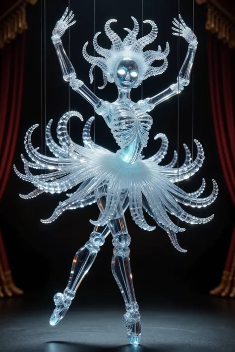 Full body photo, a ball-jointed doll female made of clear crystal, her body is fully transparent, glass hair like tentacles, transluminescent glowing skeleton body, glowing eyes, ballerina dance, she is held up like a marionette with black strings, glass m...