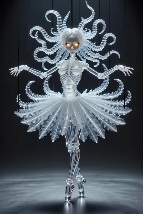 Full body photo, a ball-jointed doll female made of clear crystal, her body is fully transparent, glass hair like tentacles, transluminescent glowing skeleton body, glowing eyes, ballerina dance, she is held up like a marionette with black strings, glass m...