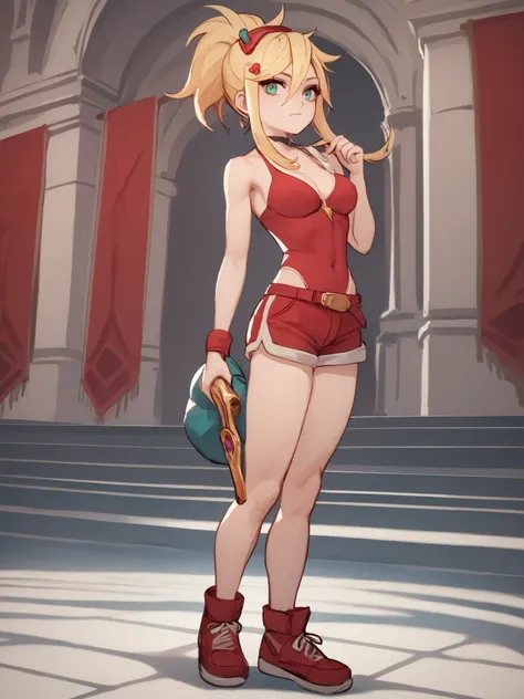 young girl, long blonde hair, Hairpin with a bundle,  turquoise eyes, red tight uniform, Sleeveless, Wide neckline on the chest to the abdomen, Gold Elements, Red outfit, Shorts, Masterpiece, hiquality, 4k, HD, Good details, full body view, fullbody overvi...