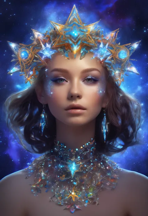 high_res, 1girl Pandora, hair ornament, necklace, jewelry, Beautiful face, upon body, tyndall effect((Boris Valejo style)), stars background, magic naive art, primitivism, protogen, ((best quality, Masterpiece)), ((Highest detail)), RAW:1,1, 8k