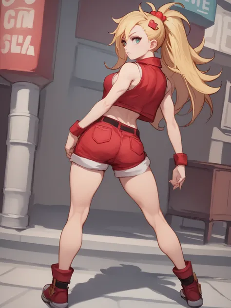 young girl, long blonde hair, Hairpin with a bundle,  turquoise eyes, red tight uniform, Sleeveless, Wide neckline on the chest to the abdomen, Gold Elements, Red outfit, Shorts, Masterpiece, hiquality, 4k, HD, Good details, full body back view, back overv...
